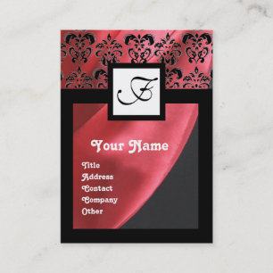 RED SILK DAMASK CLOTH ,SQUARE MONOGRAM BUSINESS CARD
