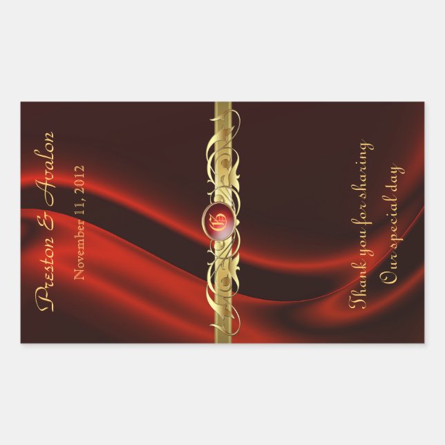 Red Silk Gold Scroll Wedding Wine Sticker (Front)