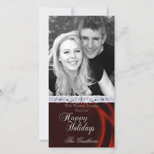 Red Silk Happy Holiday Silver Photo Card (Front)