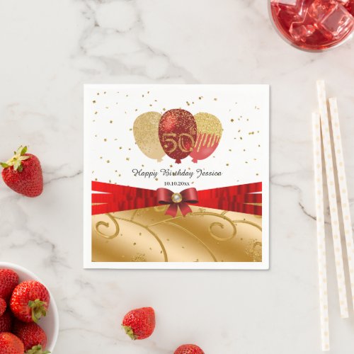 Red Silk Ribbon Gold 50th Birthday  Balloons  Napkins