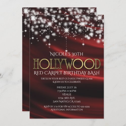 Red Silk  Sparkle Gold Hollywood Glam Invitation