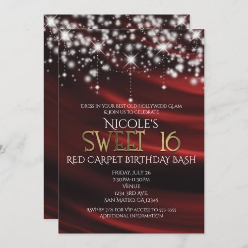 Red Silk  Sparkle Gold Sweet 16 Glam Invitations