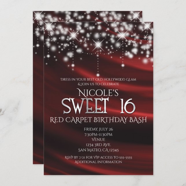 Red Silk & Sparkle Silver Sweet 16 Glam Invitation (Front/Back)