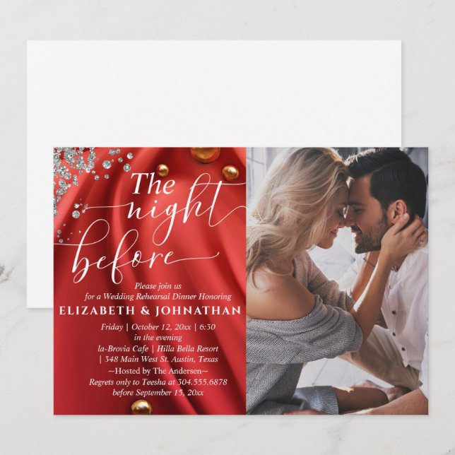 Red Silk The Night Before Rehearsal Dinner Photo Invitation (Front/Back)