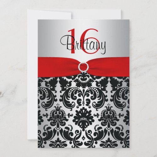 Red, Silver, and Black Damask Sweet 16 Invitation