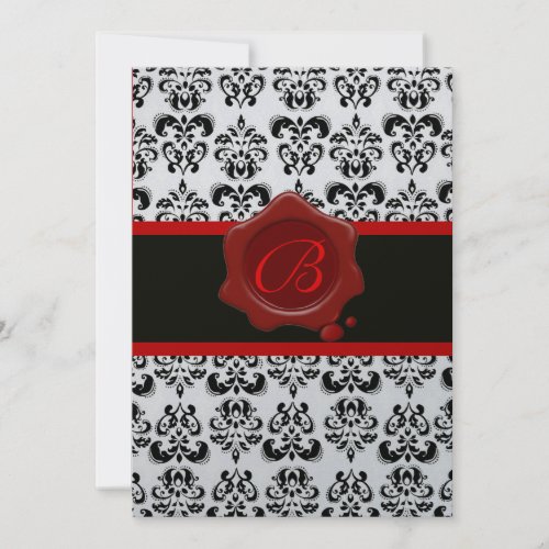 RED SILVER AND BLACK DAMASK WAX SEAL MONOGRAM INVITATION