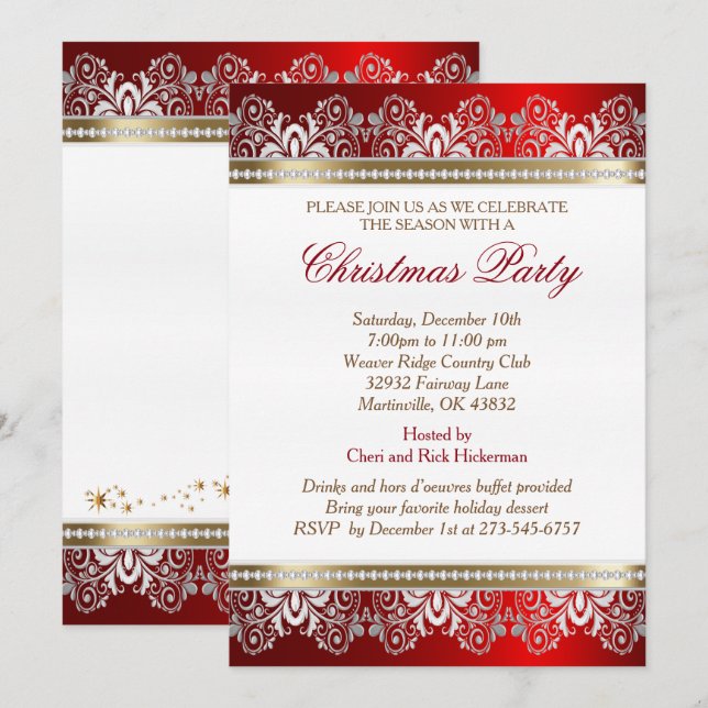 Red, Silver and Gold Christmas Holiday Tree Invitation (Front/Back)