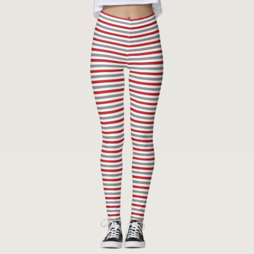 Red Silver and White Christmas Stripes Leggings