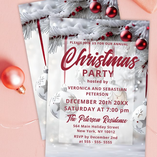 Red Silver Bauble Frosted Pine Christmas Party Invitation (Creator Uploaded)