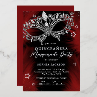 Red Silver Black Masquerade Mask Star Quinceanera Foil Invitation