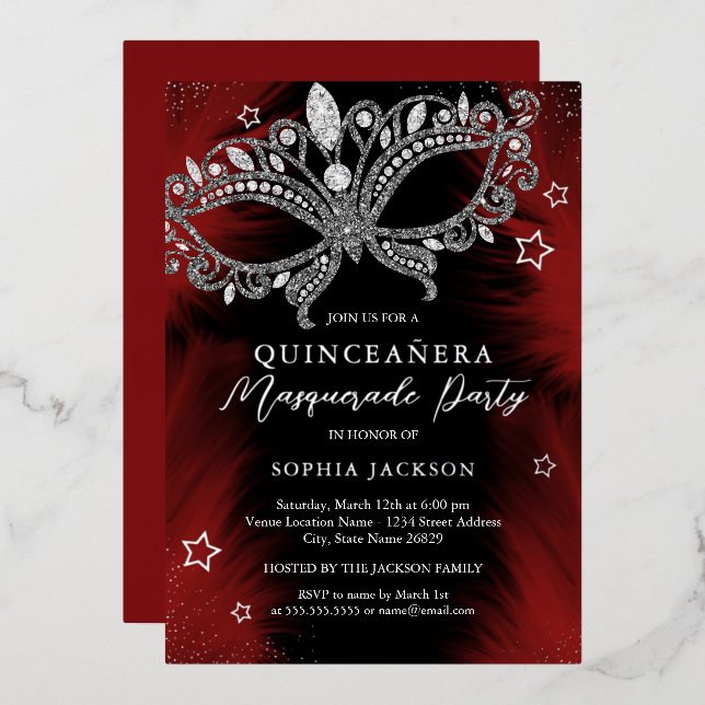 Red Silver Black Masquerade Mask Star Quinceanera Foil Invitation (Front/Back)