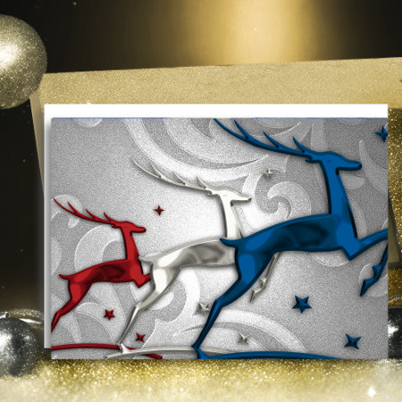 Red Silver Blue Reindeer Holiday Card