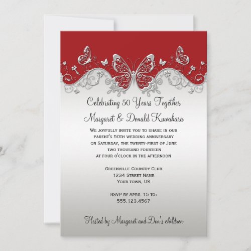 Red Silver Butterflies 25th Anniversary Custom Invite