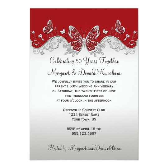 Red Silver Butterflies 25th Anniversary Invitation ... Red Silver Butterfli