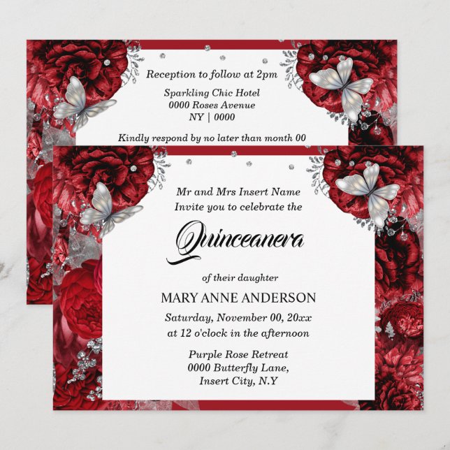 Red silver butterfly elegant rose quinceanera invitation (Front/Back)
