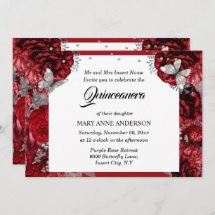 Red silver butterfly elegant rose quinceanera invitation