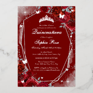 Red Silver Butterfly Floral Quinceanera Foil Invitation