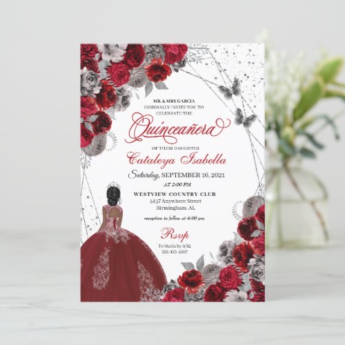 Red Silver Butterfly Princess Quinceanera Invitation