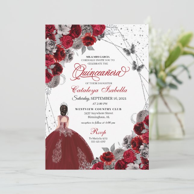 Red Silver Butterfly Princess Quinceanera Invitation (Standing Front)