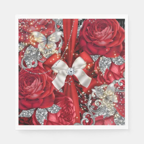 Red silver butterfly rose shabby vintage glitter napkins