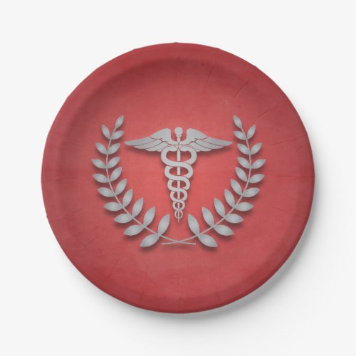 Red  Silver Caduceus Medical Doctors Party Paper Plates