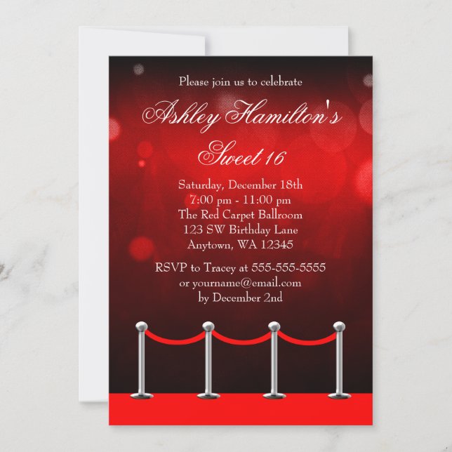 Red Silver Carpet Hollywood Sweet 16 Birthday Invitation (Front)