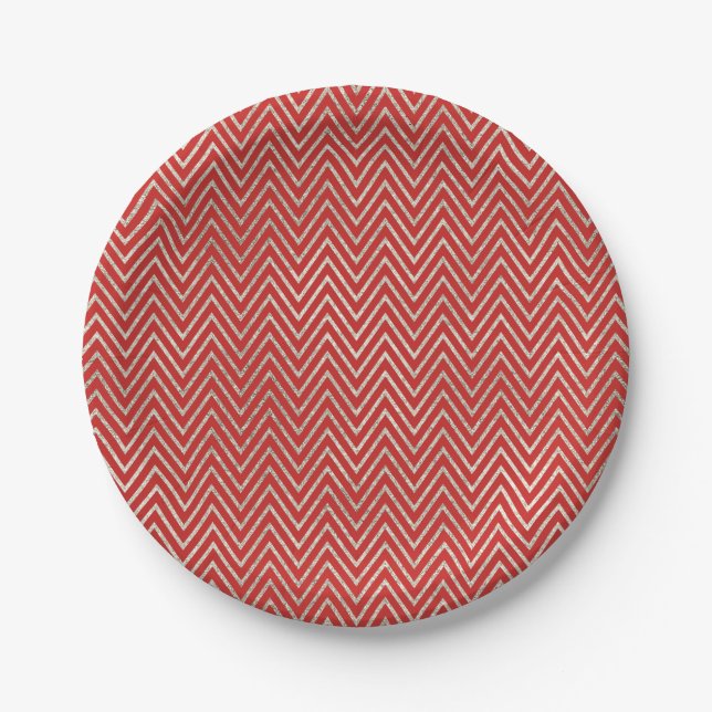Red Silver Chevron Stripes Paper Plates (Front)