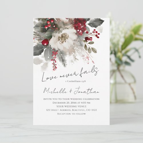 Red Silver Christmas Winter Christian Wedding Invitation