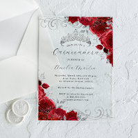 Red Silver Clear Acrylic Floral Quinceanera 