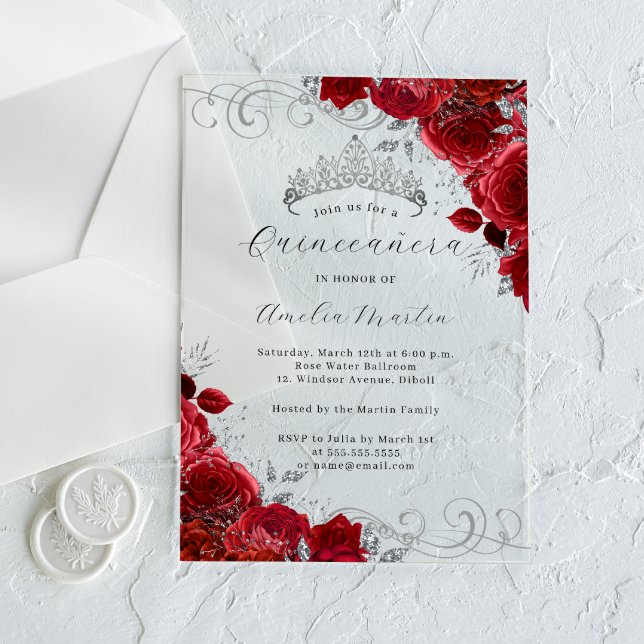 Red Silver Clear Acrylic Floral Quinceanera  Invitations (Creator Uploaded)