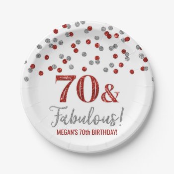 Red Silver Confetti 70 And Fabulous Birthday Paper Plates by DreamingMindCards at Zazzle