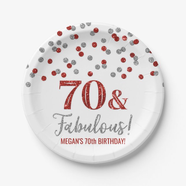 Red Silver Confetti 70 and Fabulous Birthday Paper Plates (Front)