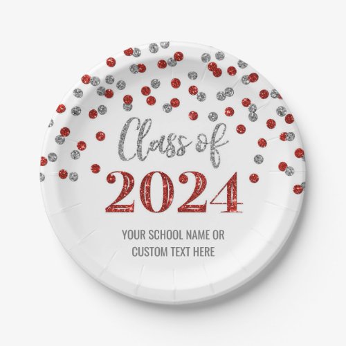 Red Silver Confetti Graduation 2024 Paper Plates