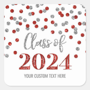 Red Silver Confetti Graduation 2024 Square Sticker