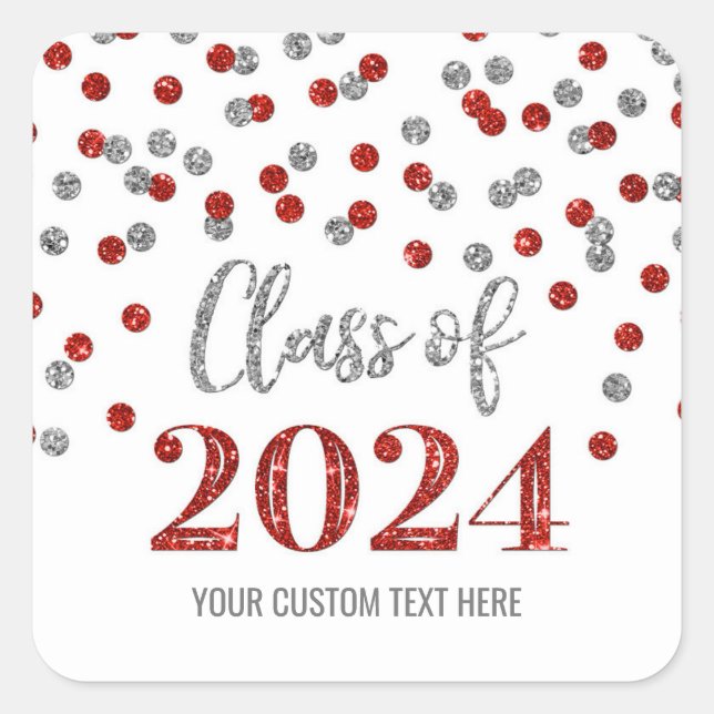 Red Silver Confetti Graduation 2024  Square Sticker (Front)