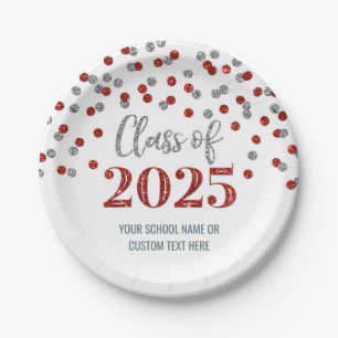 Red Silver Confetti Graduation 2025 Paper Plates