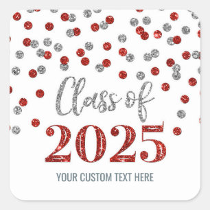Red Silver Confetti Graduation 2025 Square Sticker