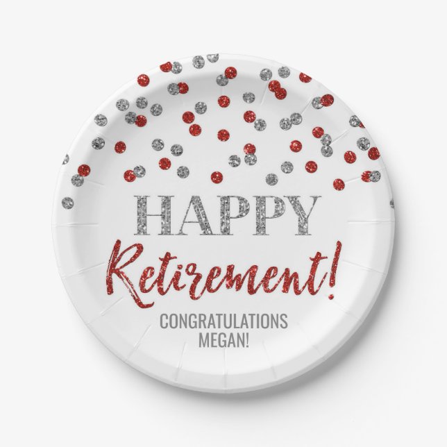Red Silver Confetti Happy Retirement Paper Plates (Front)