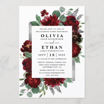 Red Silver Country Burgundy Rose Engagement Party Invitation by RusticWeddings at Zazzle