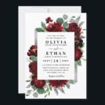 Red & Silver Country Burgundy Rose Winter Wedding Invitation<br><div class="desc">Design features watercolor peony and rose floral elements in shades of red and burgundy over eucalyptus botanical greenery. Template also features a printed silver or gray colored box for an added elegant layout. The typography displays a modern layout with black text. View the collection link on this page to find...</div>