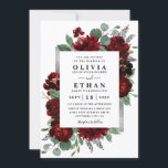 Red & Silver Country Burgundy Rose Winter Wedding Invitation<br><div class="desc">Design features watercolor peony and rose floral elements in shades of red and burgundy over eucalyptus botanical greenery. Template also features a printed silver or gray colored box for an added elegant layout. The typography displays a modern layout with black text. View the collection link on this page to find...</div>