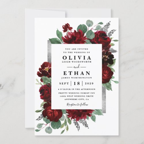 Red  Silver Country Burgundy Rose Winter Wedding Invitation