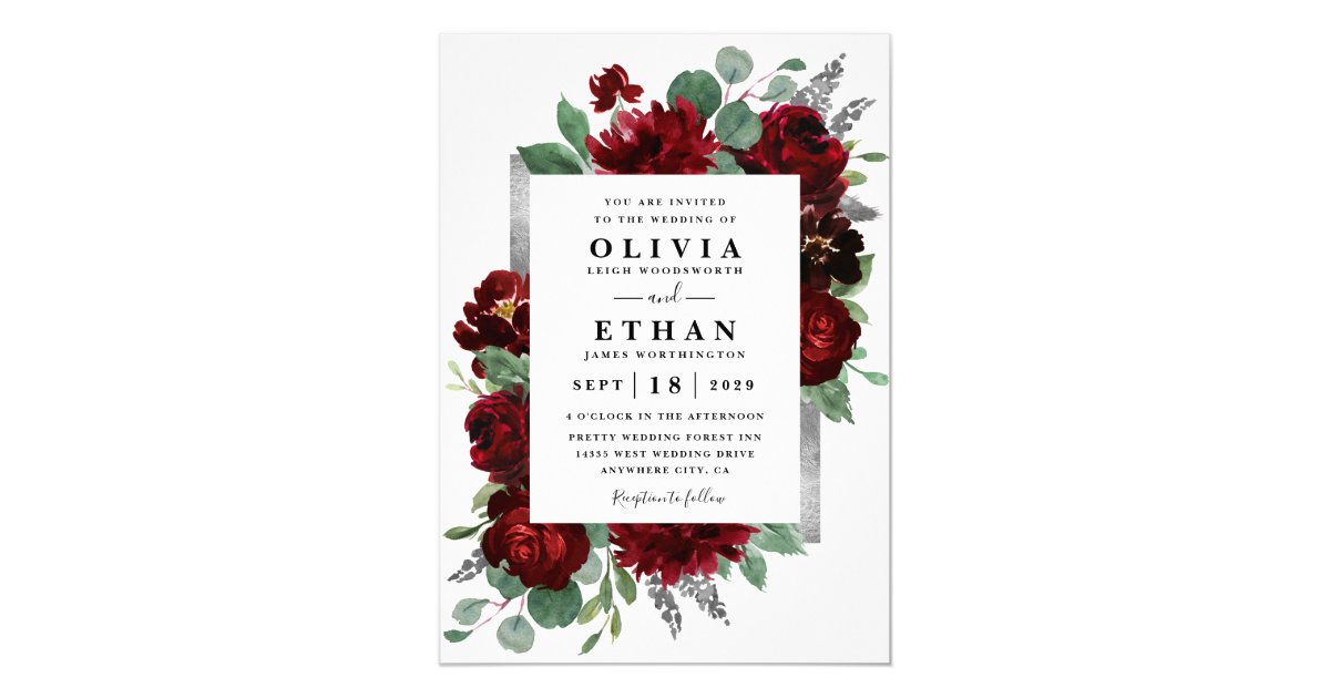 Red Silver Country Burgundy Rose Winter Wedding Invitation Zazzle Com