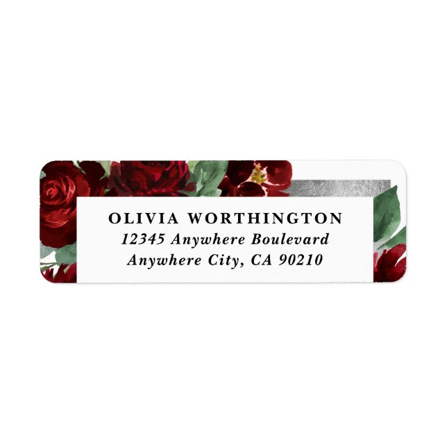 Red & Silver Country Burgundy Rose Winter  Wedding Label (Front)