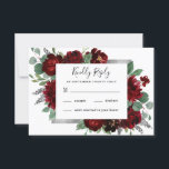 Red & Silver Country Burgundy Rose Winter Wedding RSVP Card<br><div class="desc">Design features watercolor peony and rose floral elements in shades of red and burgundy over eucalyptus botanical greenery. Template also features a printed silver or gray colored box for an added elegant layout. The typography displays a modern layout with black text. View the collection link on this page to find...</div>