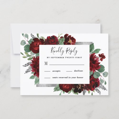 Red  Silver Country Burgundy Rose Winter Wedding RSVP Card