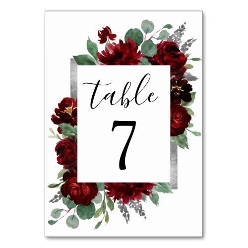 Red  Silver Country Burgundy Rose Winter Wedding Table Number