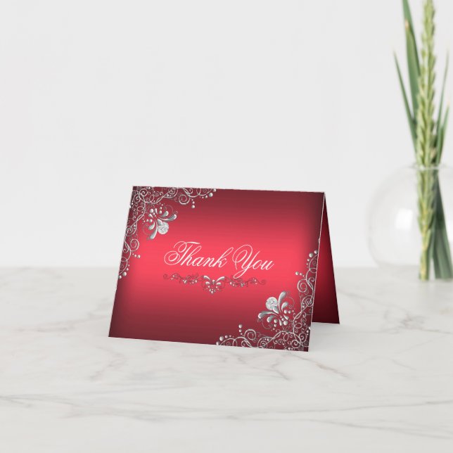 Red & Silver Damask Thank You Card (Front)