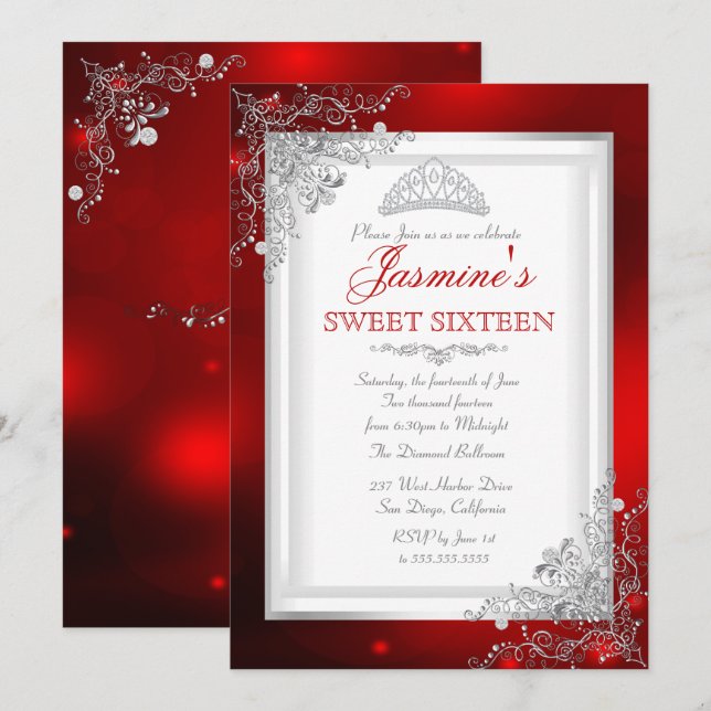 Red Silver Damask Tiara Sweet 16 Birthday Invitation (Front/Back)