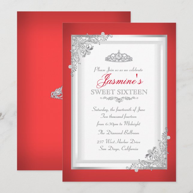 Red Silver Damask Tiara Sweet 16 Birthday Invitation (Front/Back)